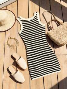 SHEIN Franclia 女士夏季欧美性感狐狸高端奢华设计成熟复古条纹紧身休闲/工作无袖毛衣连衣裙 - 黑與白 - 查看 2