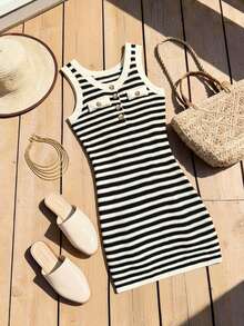 SHEIN Franclia 女士夏季欧美性感狐狸高端奢华设计成熟复古条纹紧身休闲/工作无袖毛衣连衣裙 - 黑與白 - 查看 10