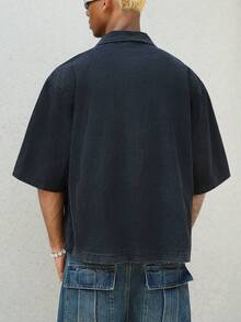 Manfinity EMRG Men's Casual Street Style Embroidered Loose Denim Short Sleeve Shirt - Black - View 2