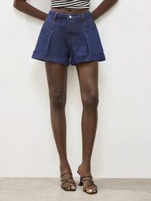 Maija 女士休闲褶皱牛仔短裤，夏季 - 深色水洗藍 - 查看 7