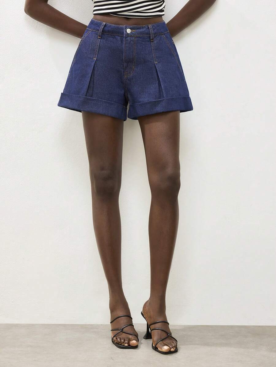 Maija 女士休闲褶皱牛仔短裤，夏季 - 深色水洗藍 - 查看 1