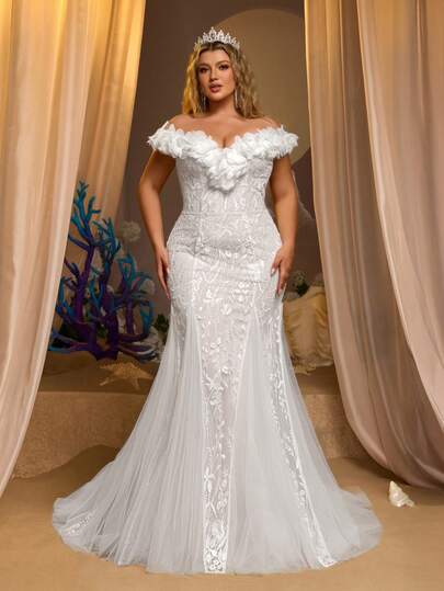 Glamrae Plus Size Elegant Luxurious Romantic Beaded Embroidery Mesh Patchwork 3D Floral Trim Off Shoulder Fitted Mermaid Mesh Wedding Dress For Bridal Events