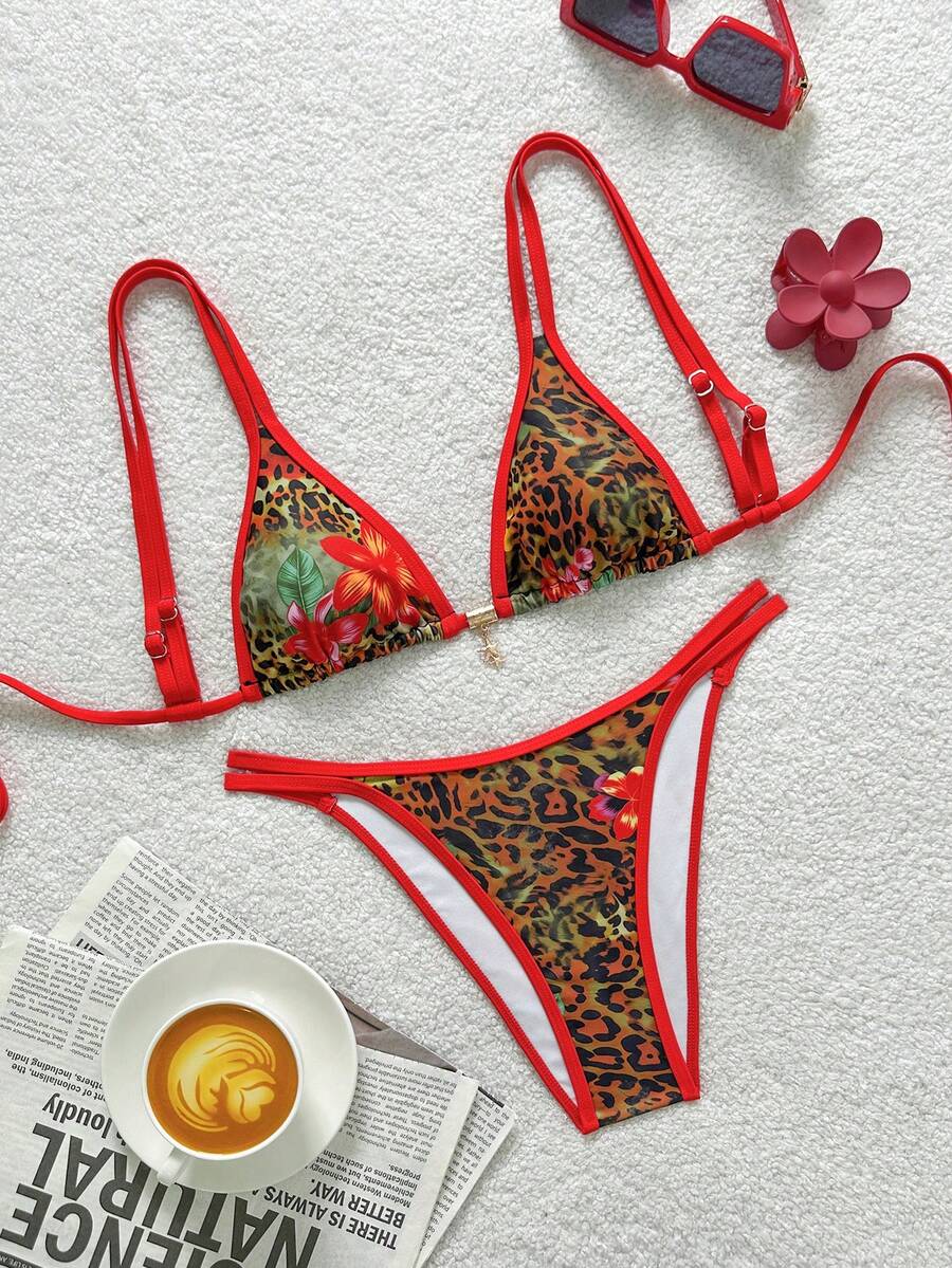Swim Vcay Ensemble de maillot de bain pour femmes, imprimé léopard et floral, nœud devant, 2 pièces, vacances d'été à la plage - Multicolore - Voir 1