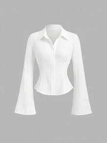 Sweetra Nueva camisa de manga larga acampanada y cintura ceñida, adecuada para ir al trabajo y salidas, primavera/verano - Blanco - Ver 1