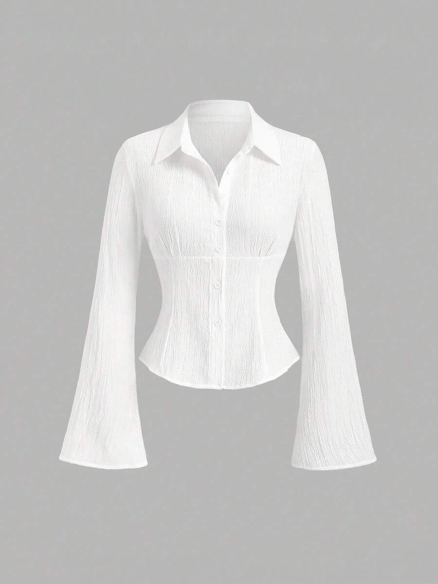 Sweetra Nueva camisa de manga larga acampanada y cintura ceñida, adecuada para ir al trabajo y salidas, primavera/verano - Blanco - Ver 1