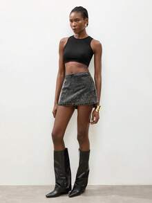 Maija Women's Black Denim Midi Skirt With Metal Stud Embellishments, Y2K Style Rock-Inspired Women's Clothing,Sexy Mini Studded Skirt - Black - View 6