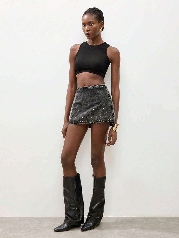 SHEIN Maija Women's Black Denim Midi Skirt With Metal Stud Embellishments, Y2K Style Rock-Inspired Women's Clothing,Sexy Mini Studded Skirt