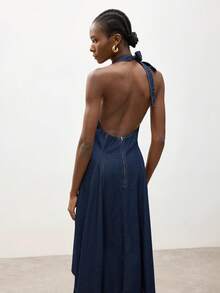 Maija 女士休闲露背吊带不对称下摆牛仔连衣裙 - 深色水洗藍 - 查看 7