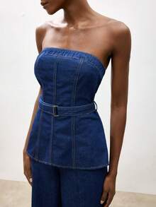 Maija Women's Fashionable Commuter Denim Tube Top For Summer - Dark Wash - View 5