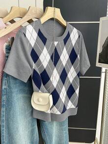 Franclia New Vintage College Style Colorblock Plaid Knit Pullover Sweater For Women, Spring/Summer - Grey - View 5