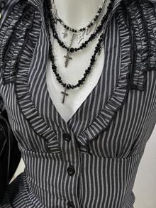 Jeanoix Women's Sexy Retro Striped Fabric Fitted Blouse - Black and White - View 1