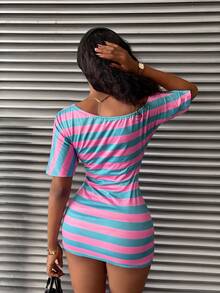 StreetHx Women's Letter & Number Print Fitted Asymmetric Shoulder Mini Dress, Suitable For Dates And Outings - Multicolor - View 2