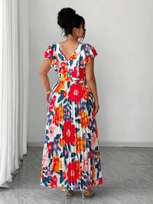 SHEIN Elenzya 大码优雅印花褶皱连衣裙，夏季 - 粉色 - 查看 2