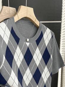 Franclia New Vintage College Style Colorblock Plaid Knit Pullover Sweater For Women, Spring/Summer - Grey - View 6