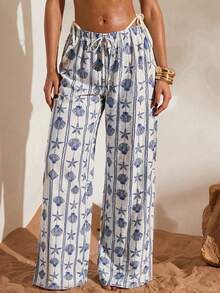 Swim Chiccia 女士沙滩度假条纹贝壳和海星印花罩衫上衣和裤子套装 - 藍色 - 查看 1