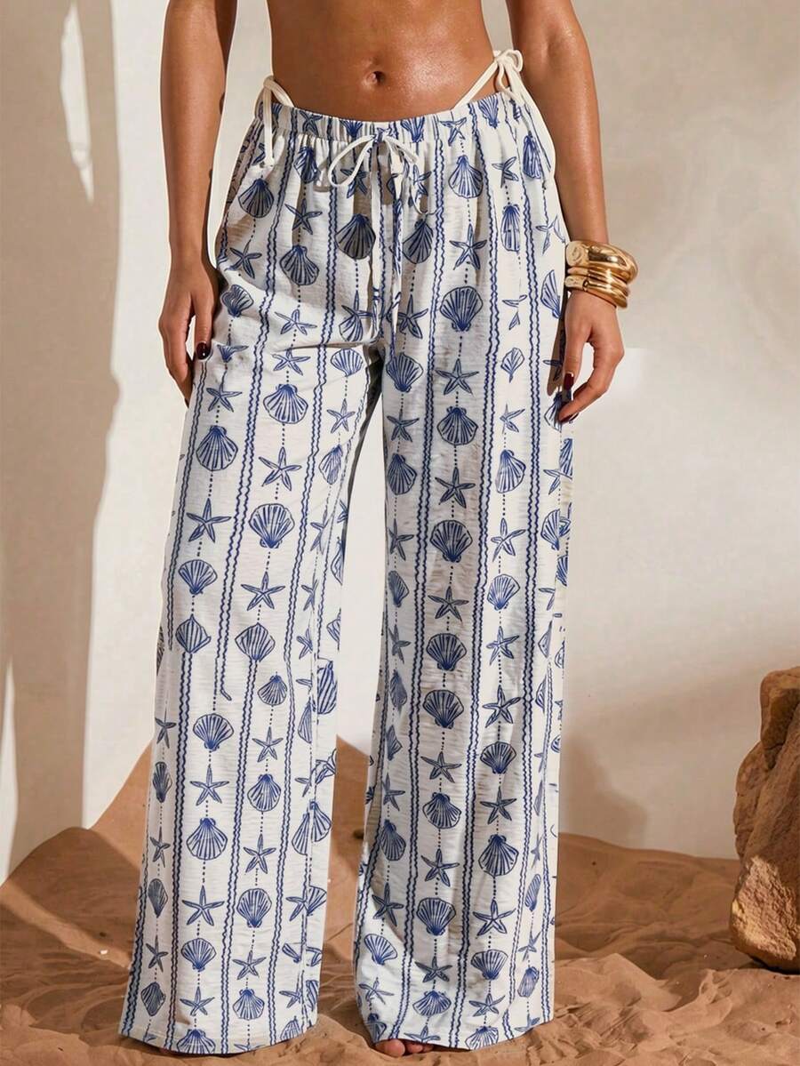 Swim Chiccia 女士沙滩度假条纹贝壳和海星印花罩衫上衣和裤子套装 - 藍色 - 查看 1