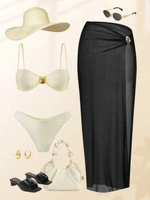 Swim Chiccia 春夏三件套：纯色钢圈可调节肩带上衣、高腰比基尼泳裤和网纱裙，女士优雅泳装套装，适合海滩度假 - 彩色 - 查看 1