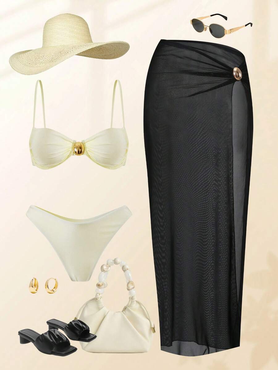 Swim Chiccia 春夏三件套：纯色钢圈可调节肩带上衣、高腰比基尼泳裤和网纱裙，女士优雅泳装套装，适合海滩度假 - 彩色 - 查看 1