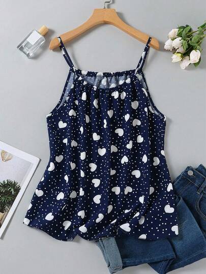 SHEIN LUNE ملابس علوية كاجوال بحمالات رفيعة وطبعة قلوب كاملة، طبعة قلوب صيفية للنساء لأيام عيد الحب والعطلات الصيفية