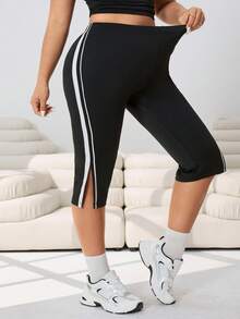 SHEIN EZwear Spring/Summer New Casual Everyday Wear, Party, Music Festival, Back To School, Graduation, Vacation, Streetwear, Home Leisure, Shopping, City Stroll, Yoga, Sports, Running, Fitness, Multi-Occasion White Bodycon Black Elastic Knit Fabric Capri Pants, Flared Hem, Plus Size - Black - View 6