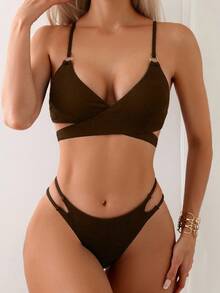 Swim Basics بكيني أحادي اللون للعطلة على الشاطئ - بني - مشاهدة 6