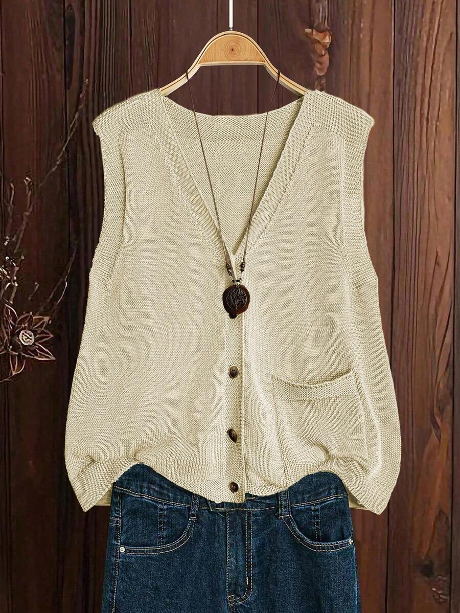 Linhara Plus Size Women Solid Color Knitted V-Neck Button Sleeveless Regular Casual Sweater Vest, Spring/Autumn - Apricot - View 1