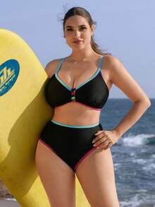 Swim SPRTY 2026新款大码女式时尚比基尼套装，V领镂空前片，时尚性感撞色设计，沙滩度假冲浪运动修身两件套 - 黑色 - 查看 5