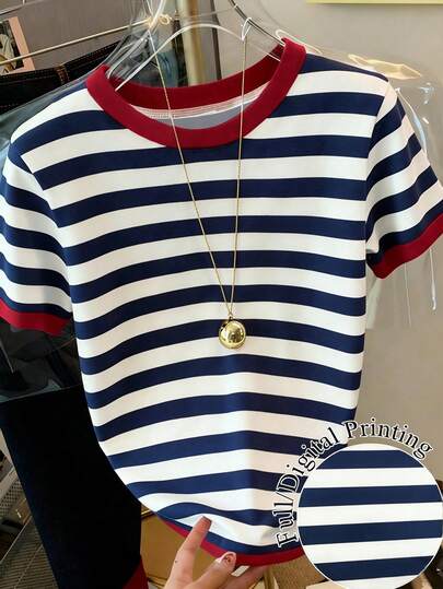 Resyla Camiseta de manga corta de cuello redondo a rayas para mujer, versátil y casual para uso diario