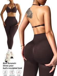 StreetHx Women's Summer Solid Color Pleated Halter Sports Bra And Leggings Set - Brown - View 3