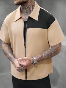 SLATEMANN Men's Casual Contrast Color Zip-Up Short Sleeve Shirt, Summer Zip Up Short Sleeve Shirt Men Zip Up Shirts Mens Color Block Shirt Streetwear Men Shirt Black And Beige Shirt For Men Old Money,Daily Leisure, Weekend Trips, Outdoor Activities, Travel Expeditions, Relaxed Work Environments Or Semi-Formal Occasions, Boyfriend/Husband Gift, Anniversary /Birthday Gift Party Summer Vacation Holiday,Wedding,Spring To Summer Men Cruise Outfit Yacht Outfit Men Men Beach Outfit Set - Multicolor - View 5