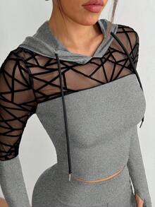 SHEIN Sports 女士抽绳连帽网眼拼接长袖上衣和高腰紧身打底裤休闲运动套装 - 灰色 - 查看 3