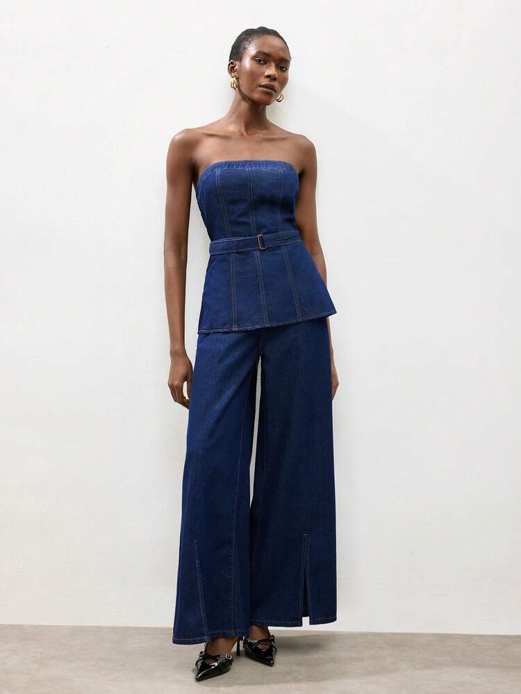 SHEIN Maija Women's Raw Denim Top, Elegant Strapless Design, Perfect For Summer Work Attire, Includes Belt.