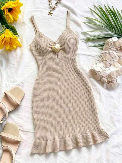 Trelyra New Summer Beach Vacation Hollow Spaghetti Strap V-Neck Sexy Bombshell Dress, French Coastal Style Shell Decor, Bohemian Relaxed Vibe, Lazy Vacation Atmosphere, Versatile Casual Daily Wear, Bikini Vacation, Retro French European Style Women Knit Dress