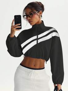 SHEIN Dewbera Colorblock Zip-Up Sports Jacket With Drawstring Hem, Spring/Autumn - Multicolor - View 2
