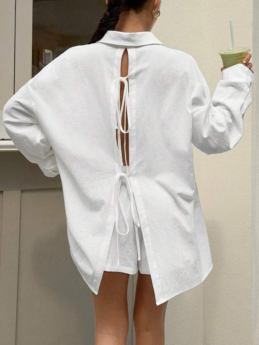 Muchica Damen Sommer Lässig einfarbiges rückenloses Bindeshirt und Shorts 2-teiliges Set - Weiss - Übersicht 1