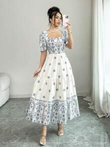 Elenzga Women's Printed Square Neck Waist Cinched A-Line Dress, Elegant For Vacation, Daily Commute, Short Sleeve - Multicolor - View 4