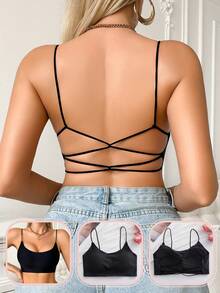 女士舒适无缝露背文胸，带罩杯，吊带内衣 - 黑色 - 查看 1