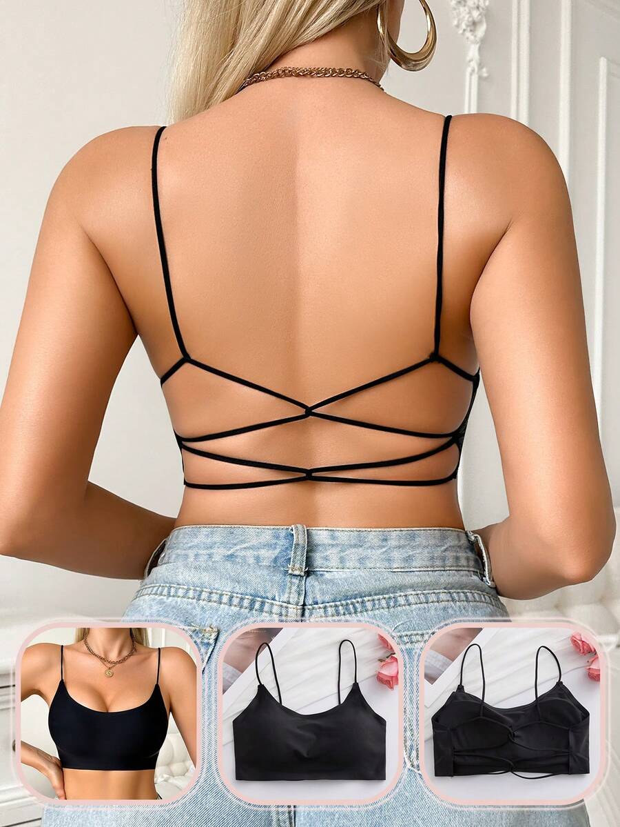 女士舒适无缝露背文胸，带罩杯，吊带内衣 - 黑色 - 查看 1