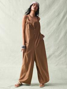 SoleilVie Deep Brown Textured Square Neck Sleeveless Front Button Loose Wide Leg Jumpsuit, Casual Chic Commuting Piece - Khaki - View 5