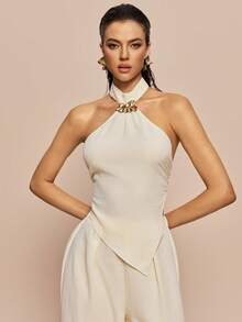 Olia Maree Apricot Textured Halter Neck Metallic Rhinestone Decor Blouse & Flowy Wide Leg Pants 2 Pieces Set Cream Summer Elegant Vacation Holiday - Apricot - View 6
