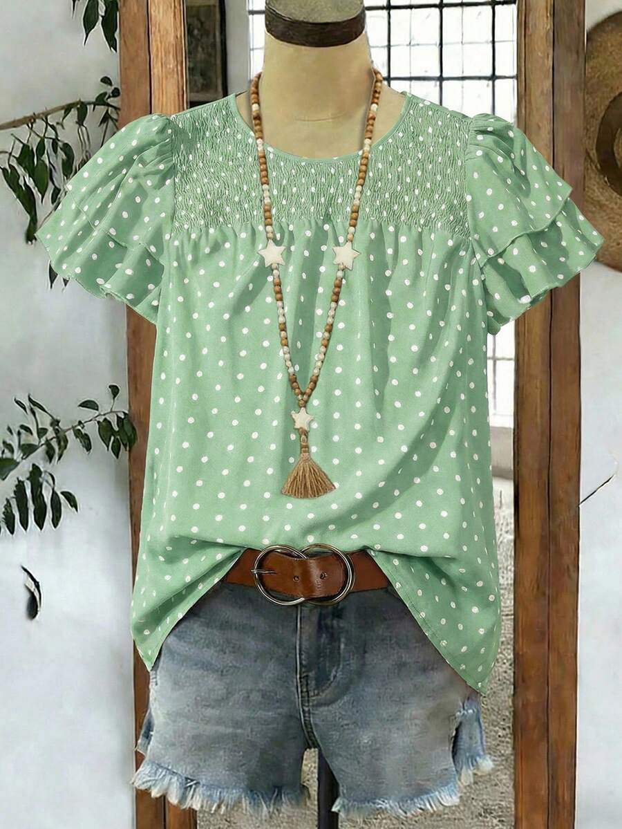SHEIN LUNE CURVE Áo kiểu nữ cỡ lớn chấm bi tay bồng hai lớp dáng casual - Màu xanh chanh - Xem 1
