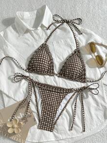 Swim Mod 夏季女士两件套格子印花褶皱挂脖系带上衣和侧系带比基尼泳裤套装 - 咖啡棕 - 查看 3