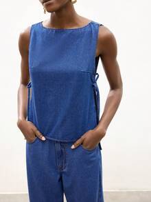 Maija 女士休闲无袖牛仔上衣，侧开衩，夏季 - 中等水洗藍 - 查看 5
