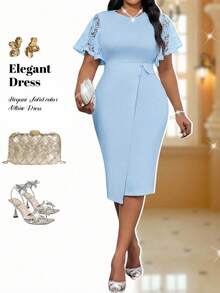 SHEIN Lady Đầm midi tay ngắn dáng dài, cỡ lớn, màu trắng, cổ tròn, tay bồng, phối ren và khuy cài, thích hợp cho công sở mùa xuân và hè. - Màu xanh lam - Xem 6