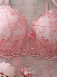 FloralLove Pink Floral Embroidery 3/4 Cup Padded Push Up Romantic Comfortable Daily Plus Size Bra & Wireless Bra - Pink - View 4