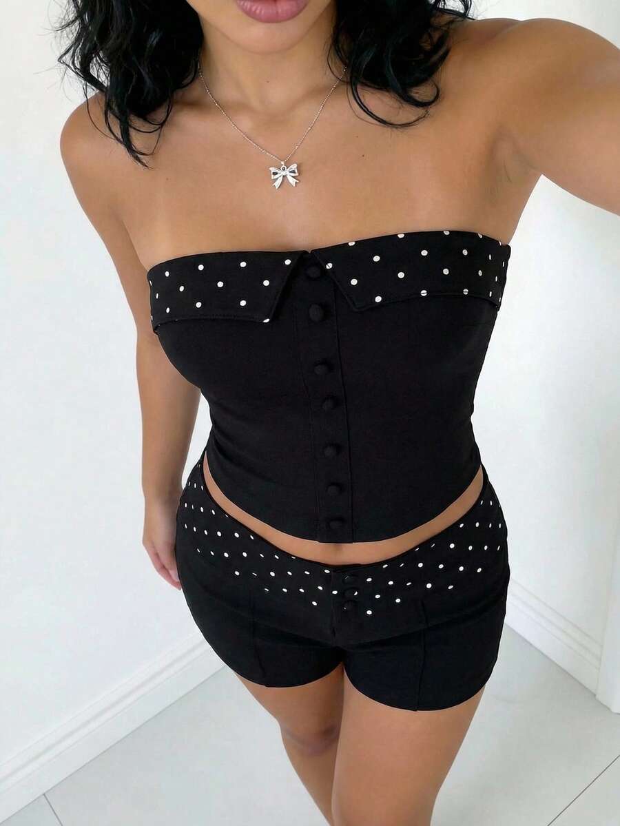 Sweetina 2pcs/Set Women Foldover Collar Crop Top & Polka Dot Waist Shorts - Black - View 1