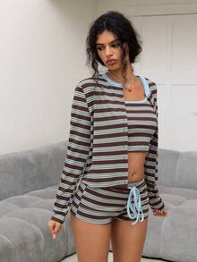 Sweetina 女士休闲条纹背心和短裤两件套 - 藍色 - 查看 6