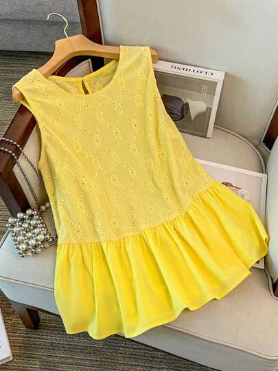 GlowEve CURVE Plus Size Women's New Elegant Round Neck Vacation Style Chic Versatile Embroidered Hollow Out Ruffle Hem Sleeveless Blouse