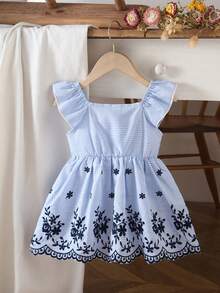 女婴休闲可爱刺绣荷叶边吊带连衣裙，适合日常外出穿着 - 藍色 - 查看 2