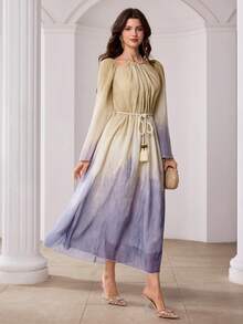 Modelyn 女士优雅浪漫长款雪纺连衣裙，带领，串珠抽绳腰带，春夏款 - 彩色 - 查看 4